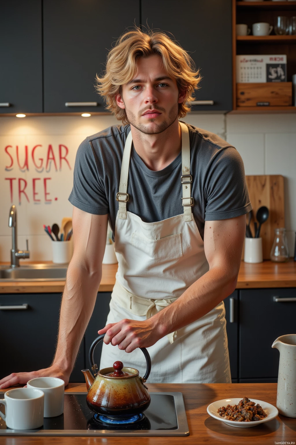 A man in an apron stands in a kitchen, holding a teapot over a stove.