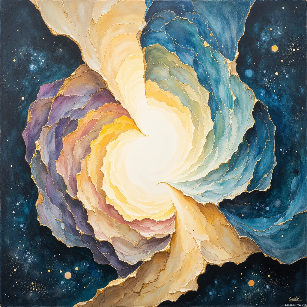 A vibrant abstract painting featuring swirling patterns and a central bright light against a starry cosmic background.