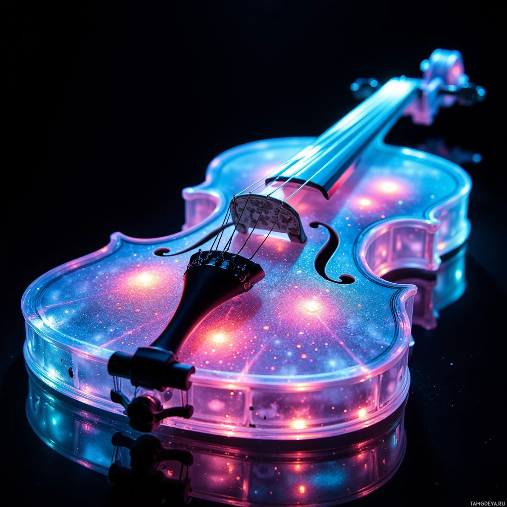 A glowing violin with a cosmic, starry design against a dark background.