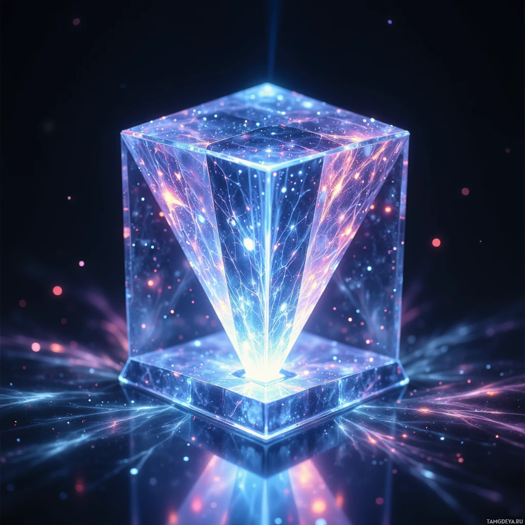 A glowing, transparent cube with intricate, colorful light patterns inside, set against a dark background.