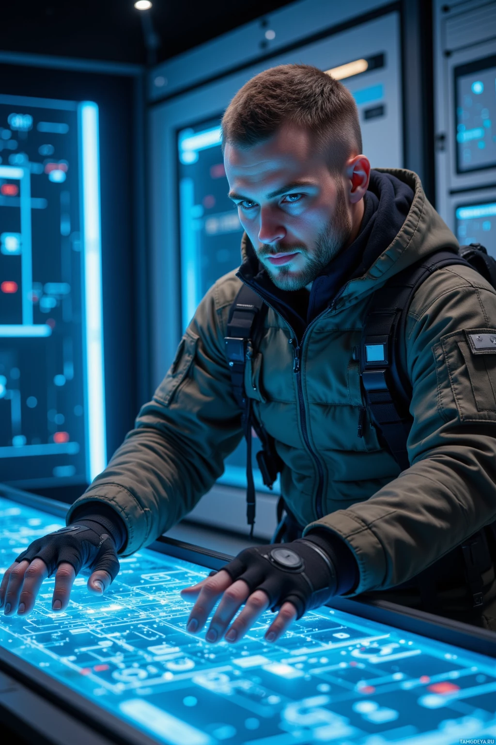 A man in a tactical outfit is interacting with a futuristic, illuminated control panel.