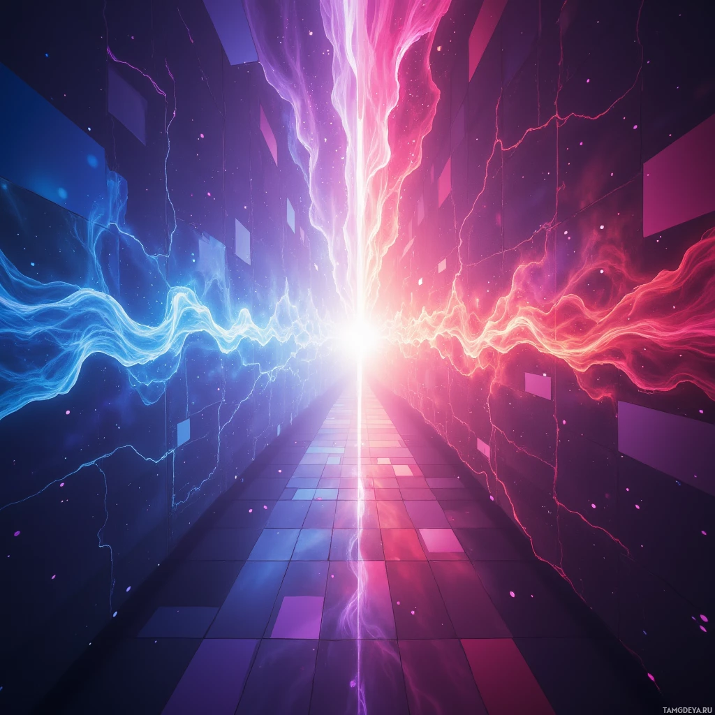 A vibrant, abstract digital artwork featuring flowing energy streams in blue and red, converging towards a bright light at the center.