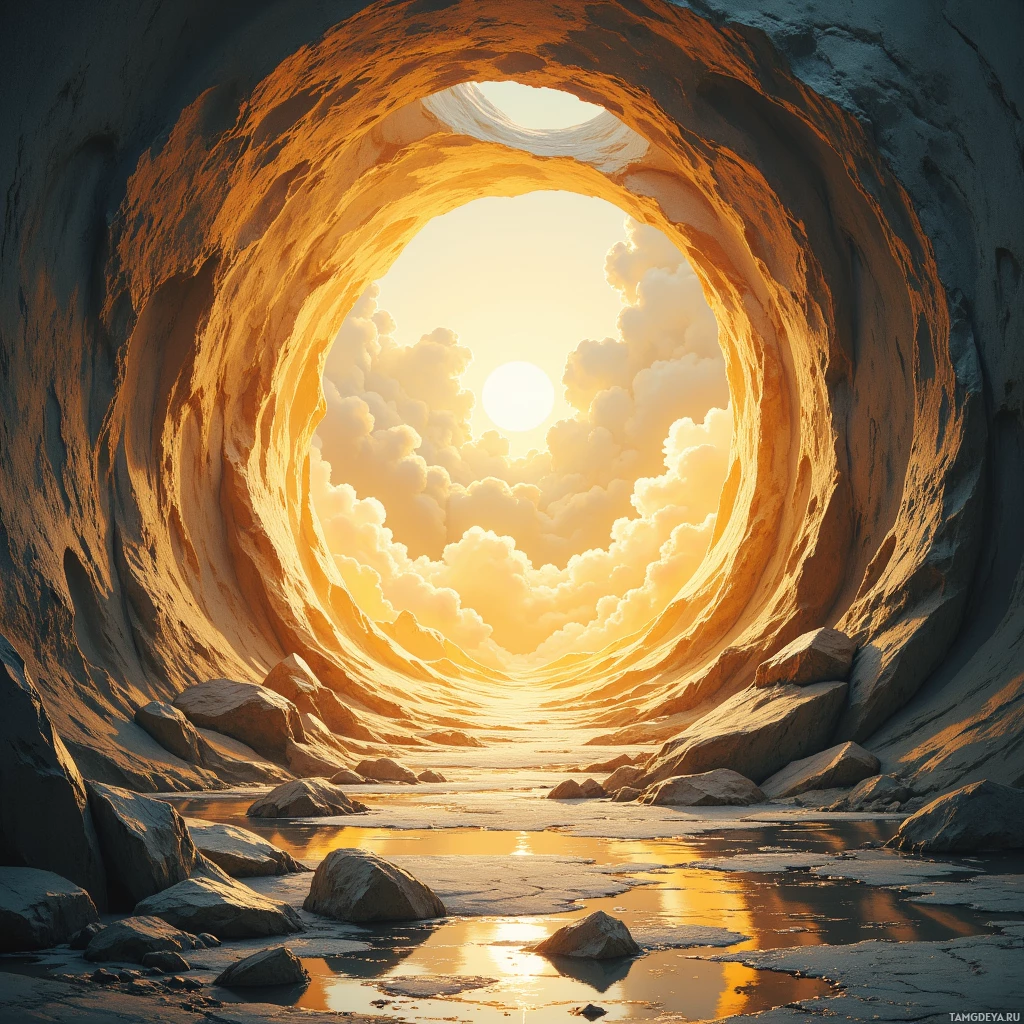 A circular cave opening reveals a bright, sunlit sky with clouds.
