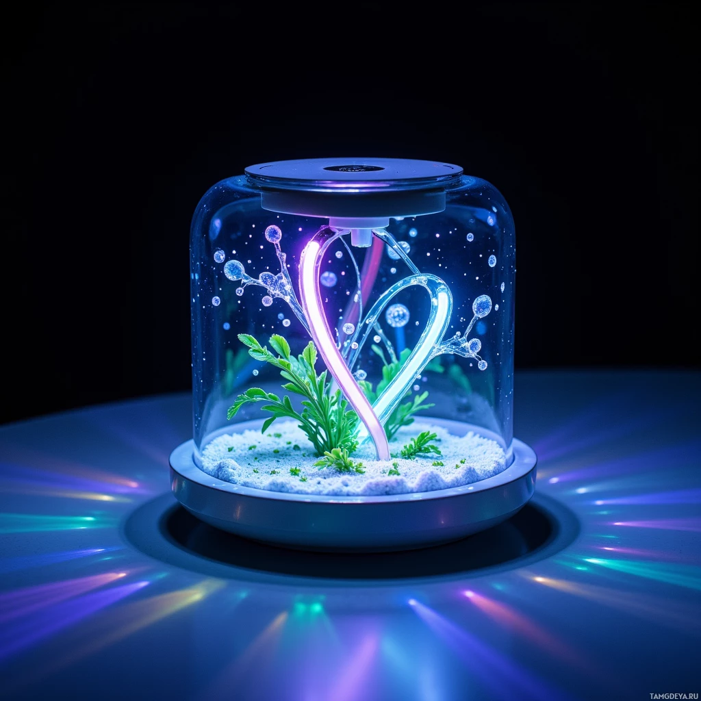 A glowing, futuristic terrarium with a plant inside, emitting a vibrant light.