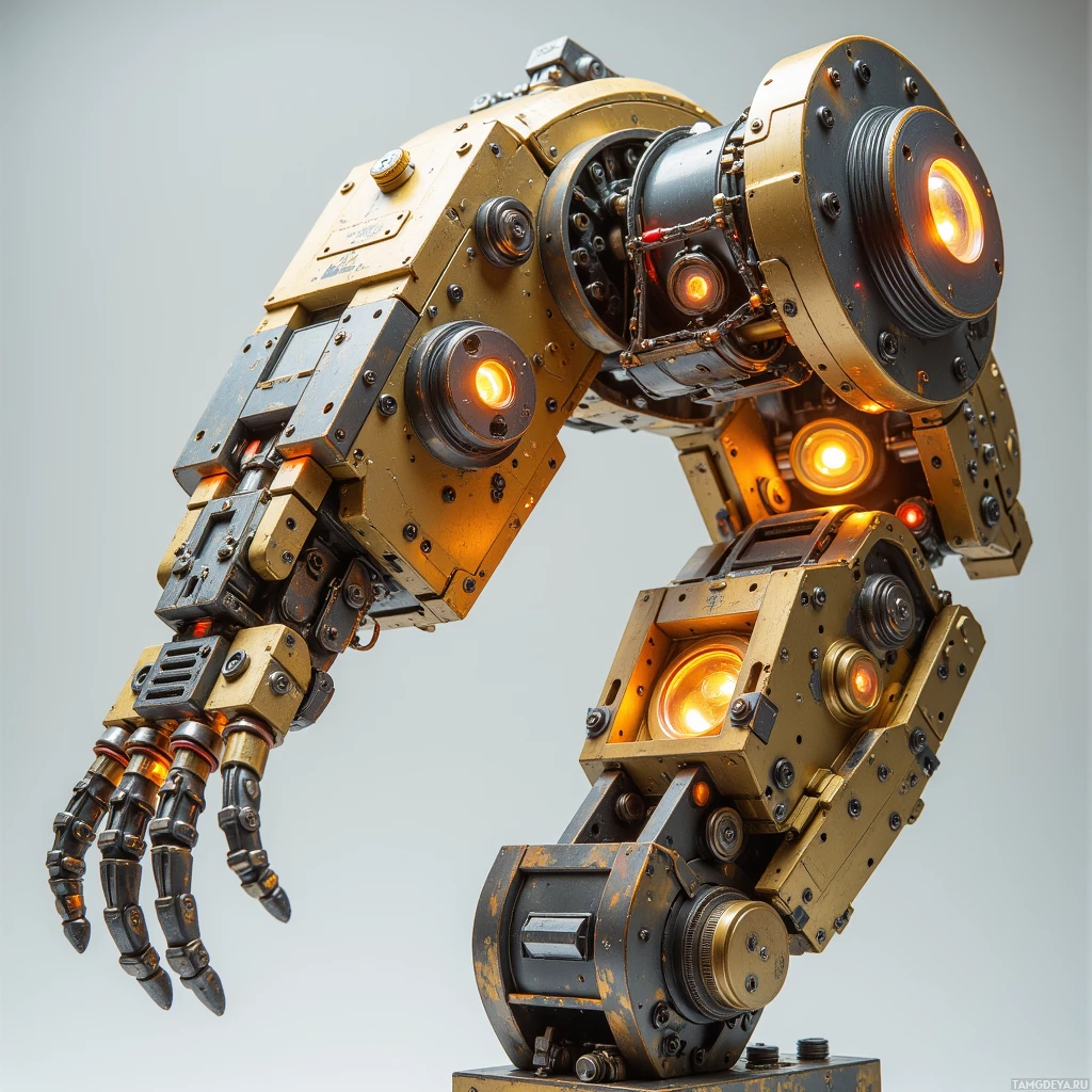 A mechanical arm with glowing lights and intricate details.