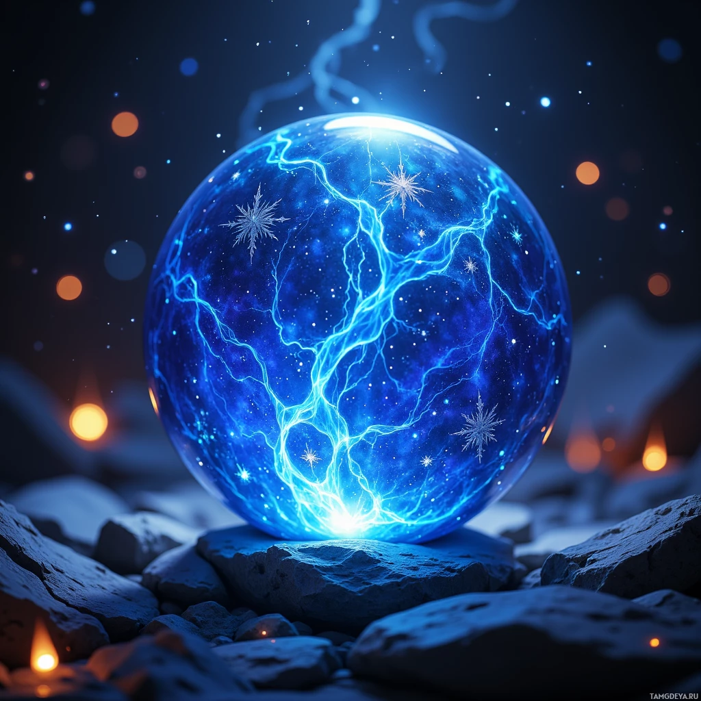 A glowing blue sphere with lightning and snowflakes rests on rocks against a dark, starry background.