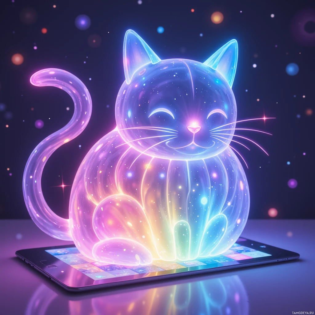 A glowing, neon cat sits atop a tablet against a starry background.