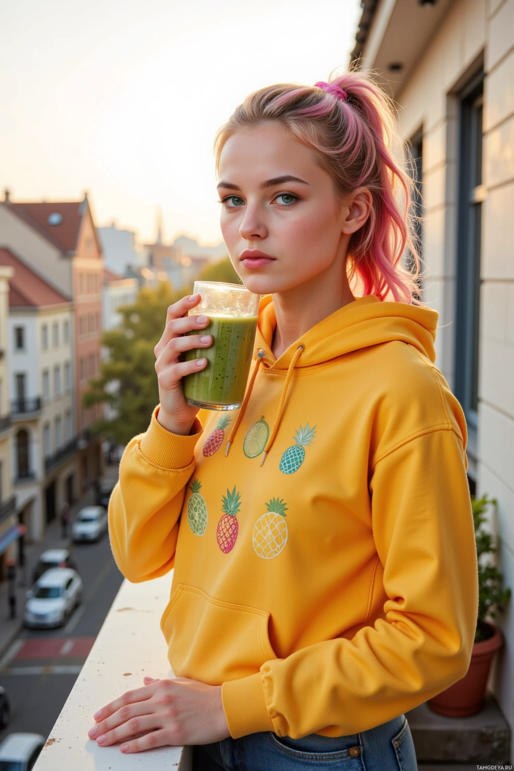 A person in a yellow hoodie with fruit prints holds a green smoothie on a balcony overlooking a cityscape.