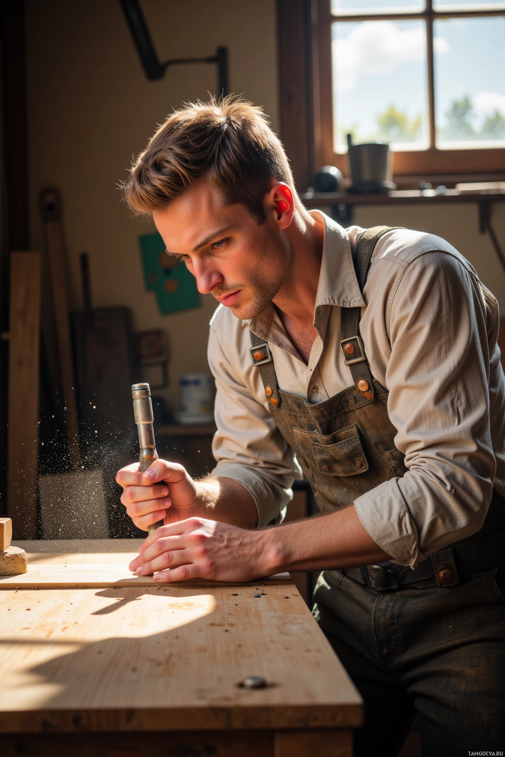 A man in overalls is working on a piece of wood in a workshop.
