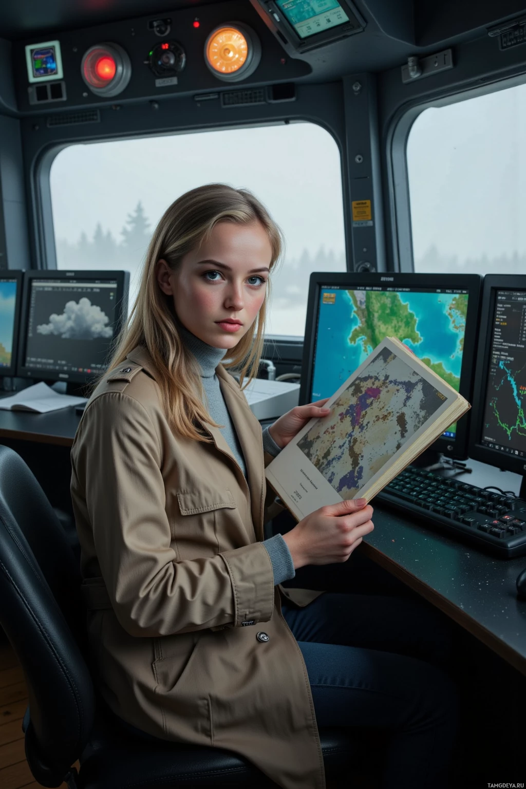 A person in a control room holding a map, surrounded by monitors and equipment.