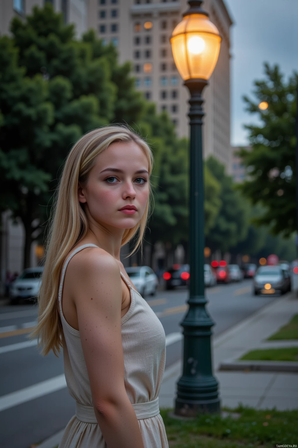 A young woman stands on a city street, looking over her shoulder, with a streetlamp and buildings in the background.