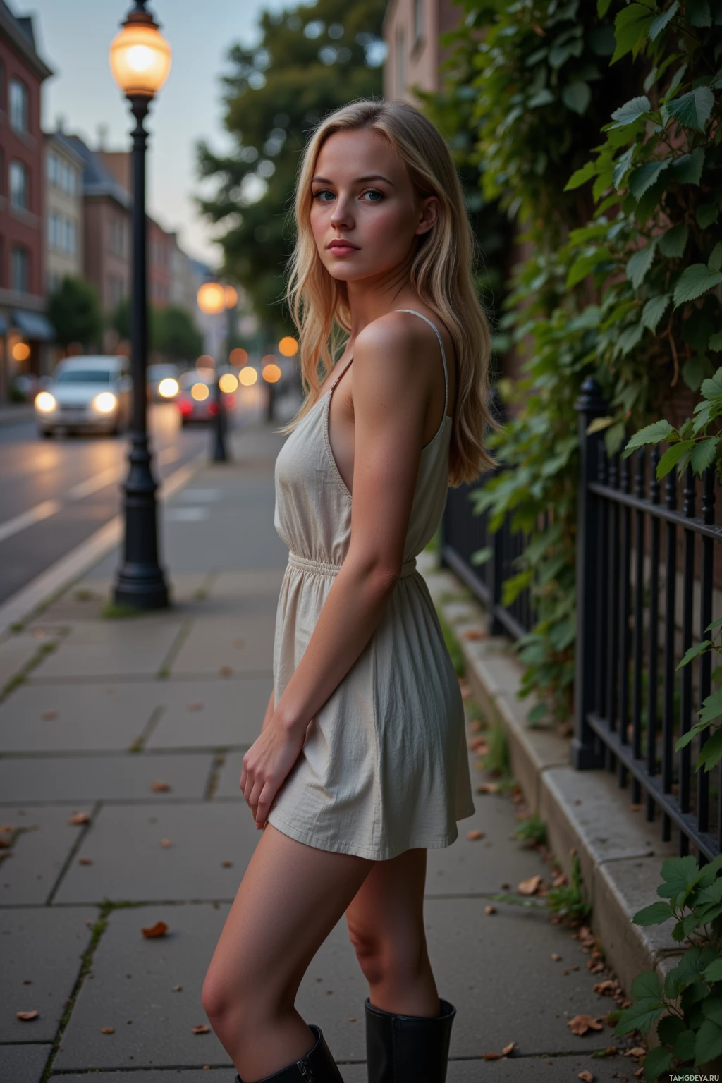 A woman in a light dress stands on a sidewalk near a street with cars and a lamp post.
