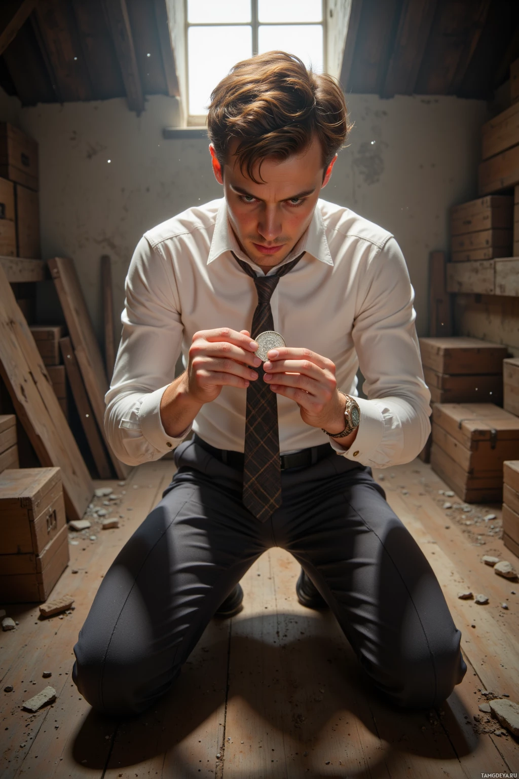 A man in a white shirt and tie kneels in a dimly lit attic, examining a coin closely.