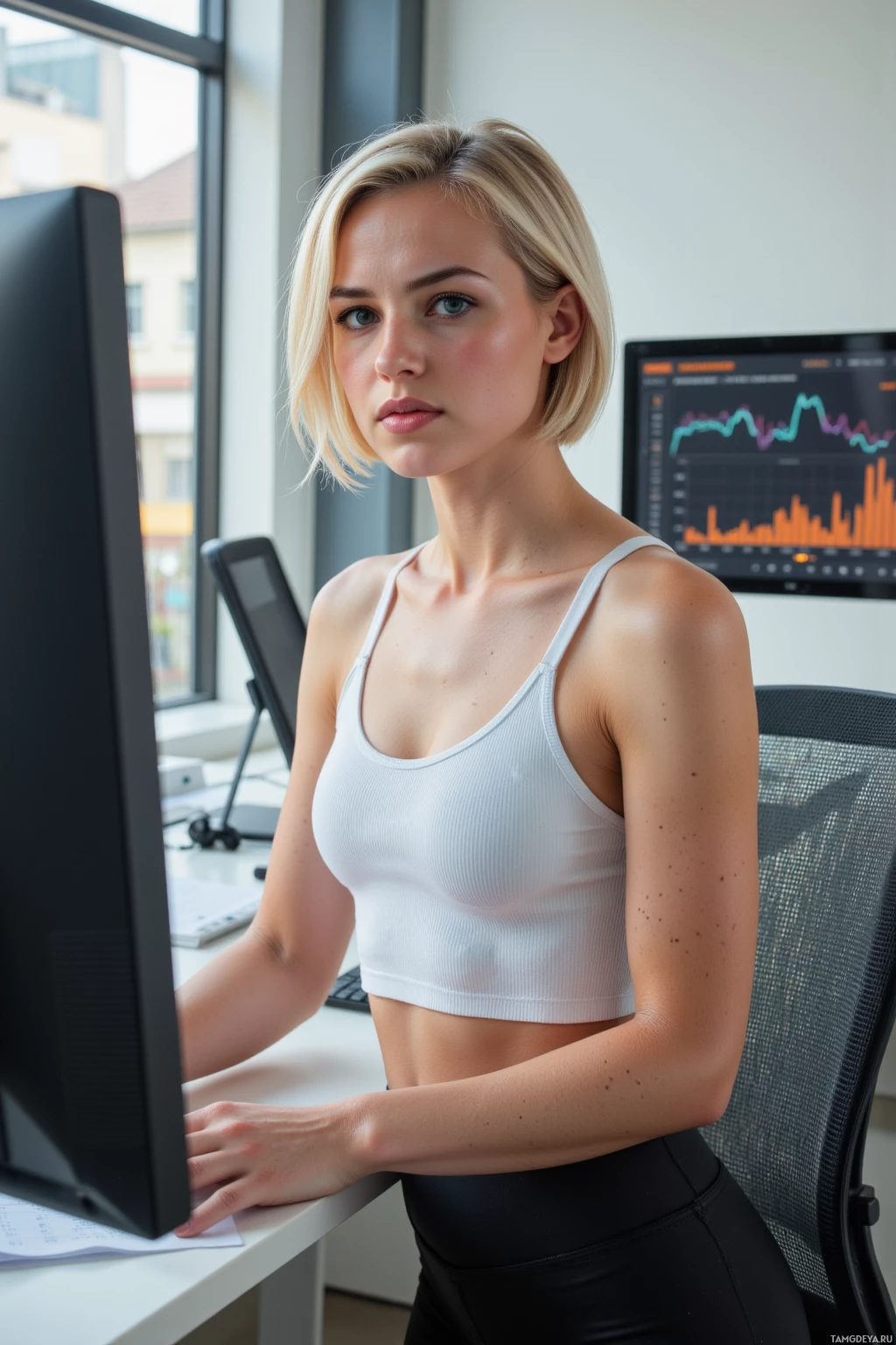A woman in a white tank top and black pants works at a computer in an office setting.