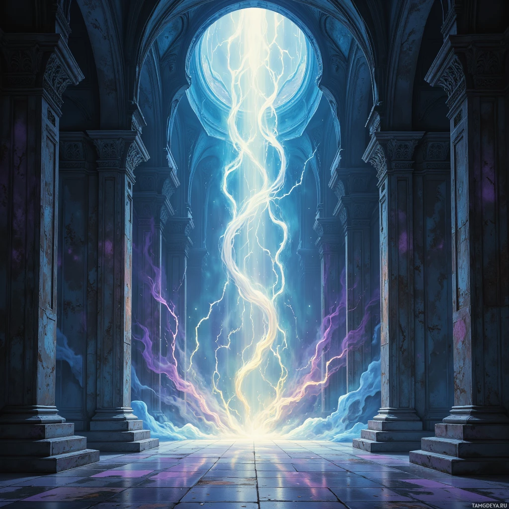 A grand, ancient temple with glowing, ethereal light streaming through an arched doorway.