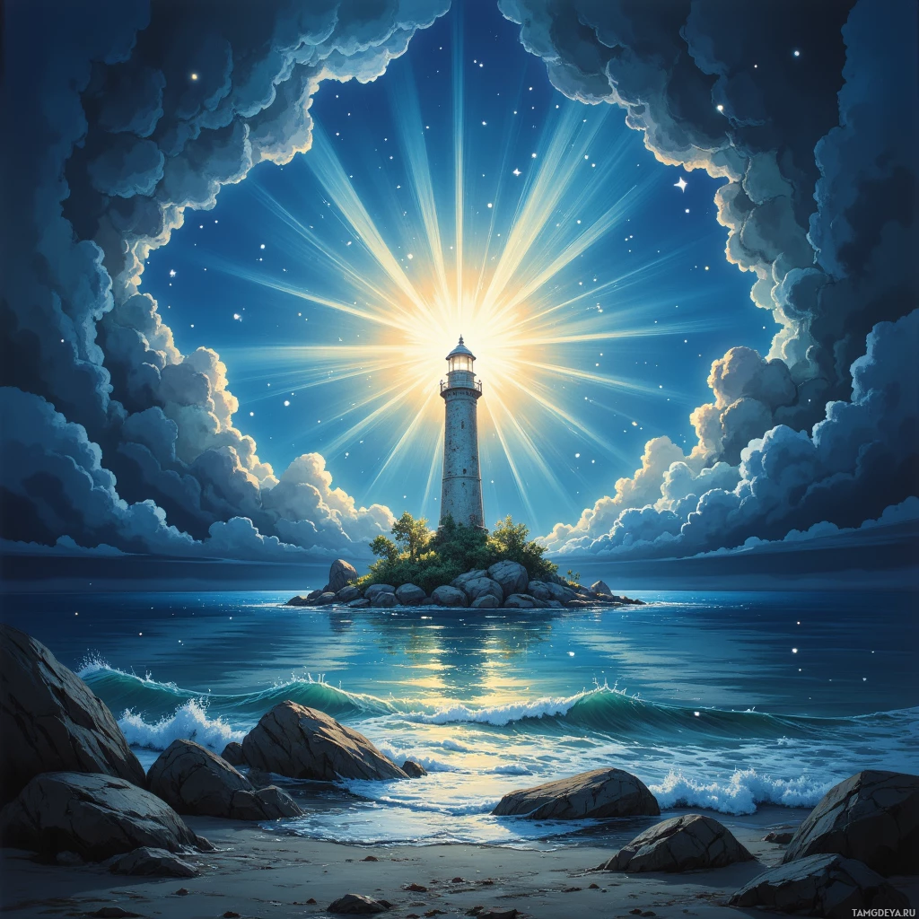A serene night scene featuring a glowing lighthouse on a rocky island surrounded by calm waves under a starry sky.