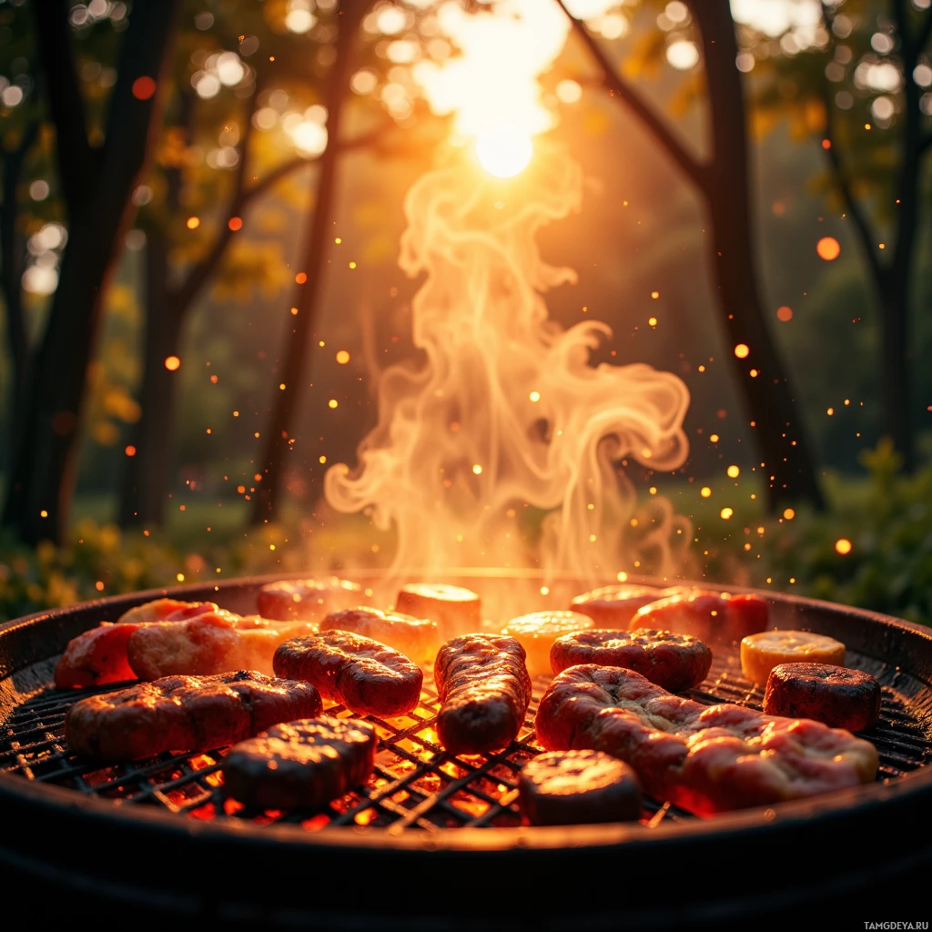 A barbecue grill with sausages and other meats cooking over glowing embers, with a warm, golden sunset in the background.