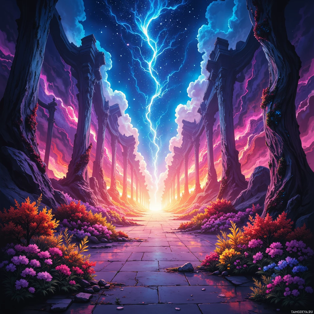 A vibrant, fantastical scene featuring a pathway lined with ancient columns and lush, colorful flora under a dramatic sky with lightning.