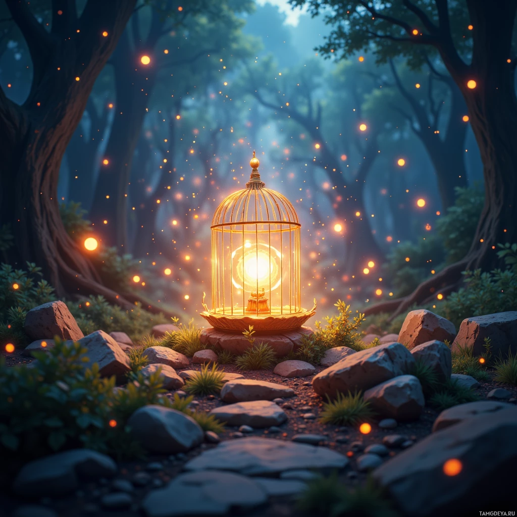 A glowing lantern in a forest setting with floating lights.