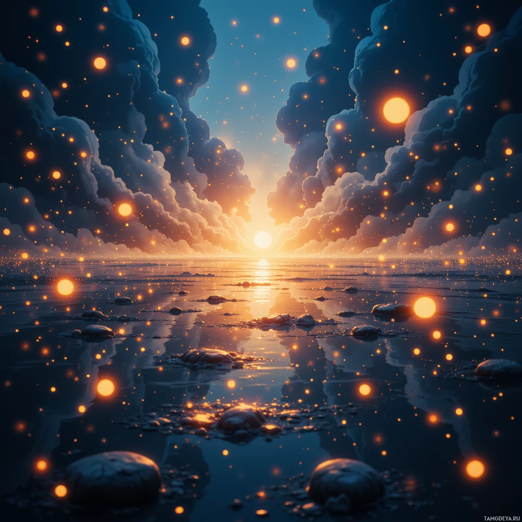 A serene sunset scene with glowing orbs floating in the sky and reflecting on a calm body of water.