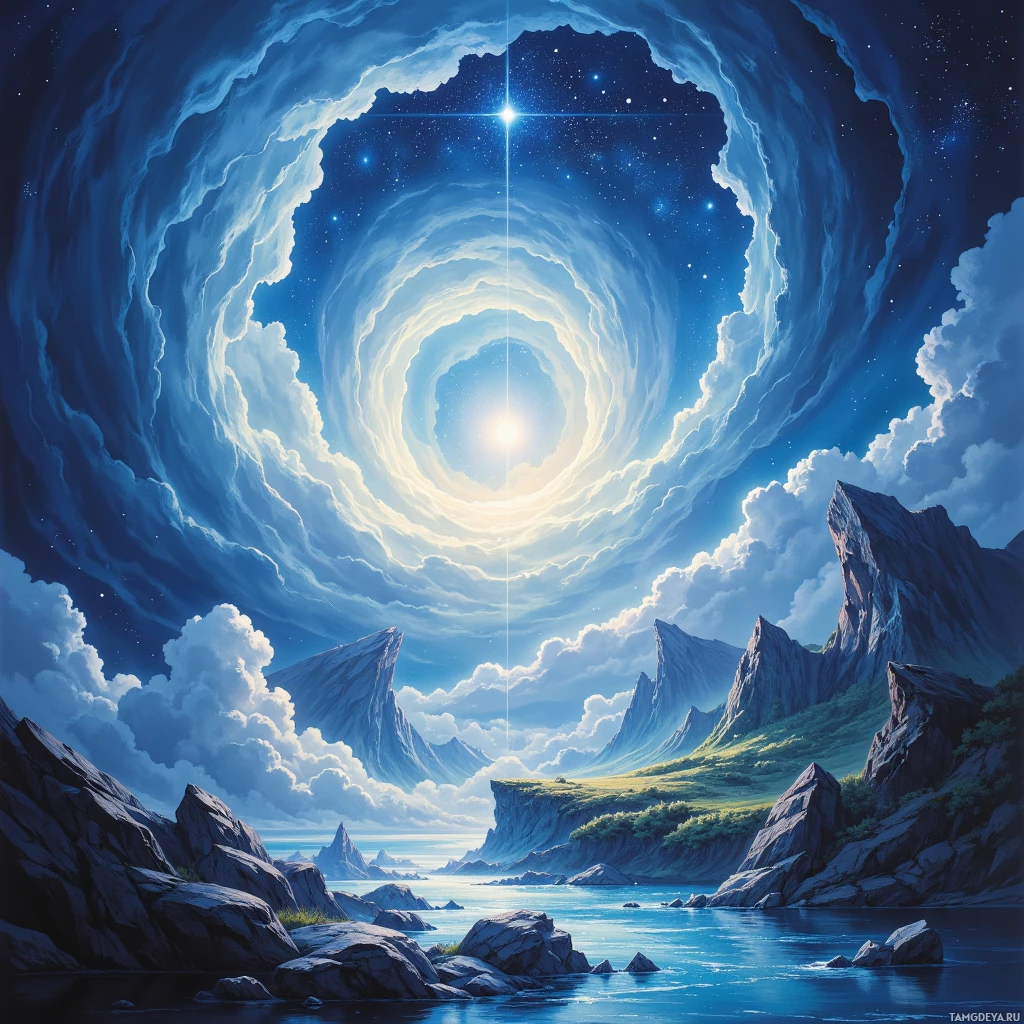 A serene landscape featuring a spiral cloud formation in the sky, rocky cliffs, and a calm body of water.