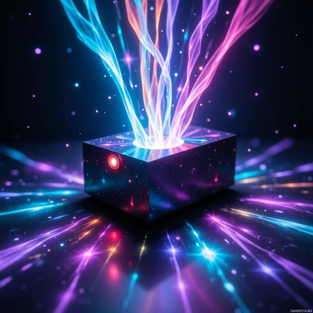 A glowing cube emits vibrant, colorful light beams against a dark background.