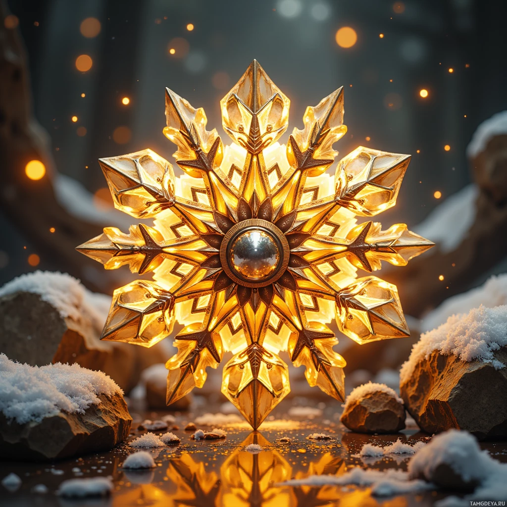 A golden, crystal-like snowflake with a reflective center stands on snowy rocks.