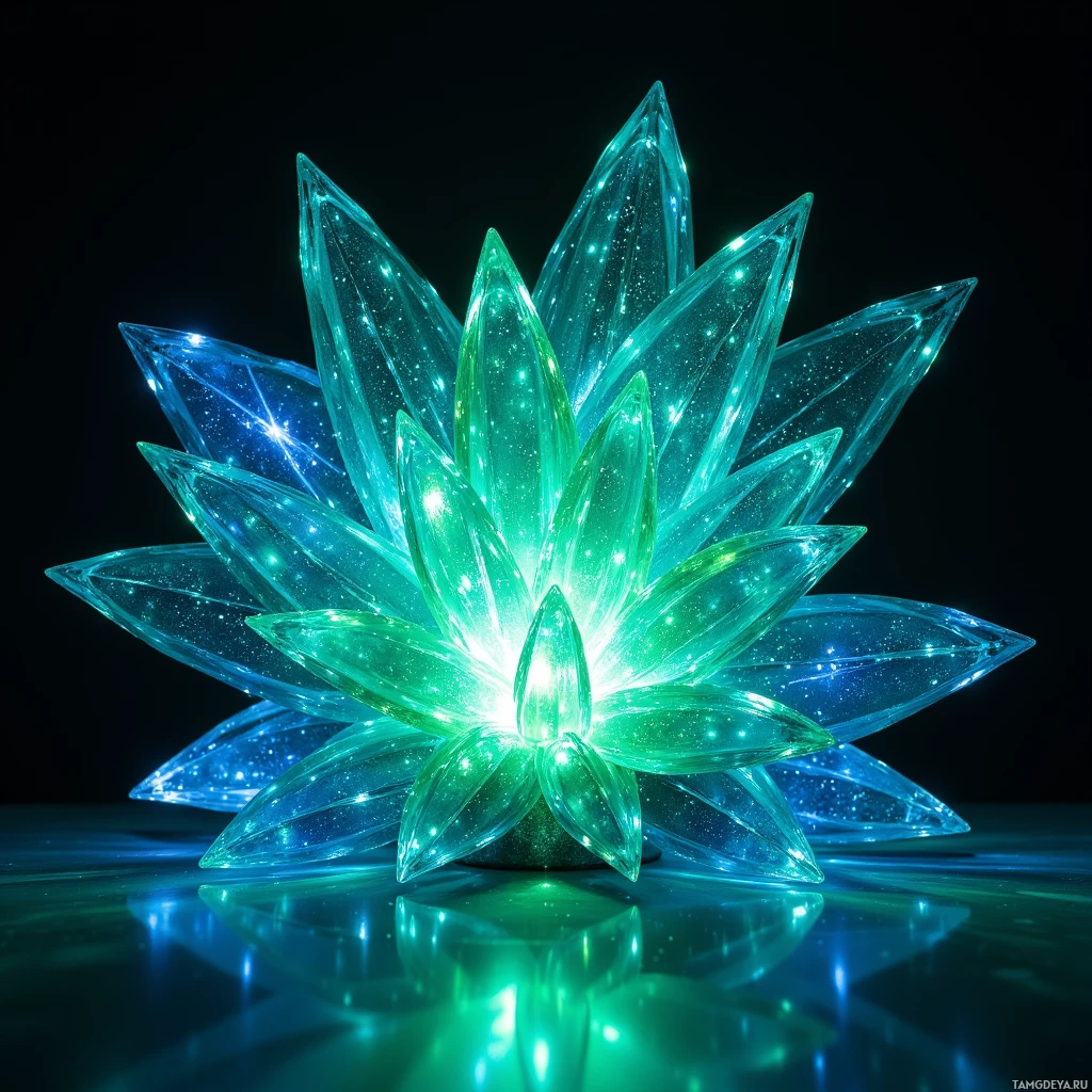 A glowing, crystalline flower with sharp, pointed petals and a reflective surface.