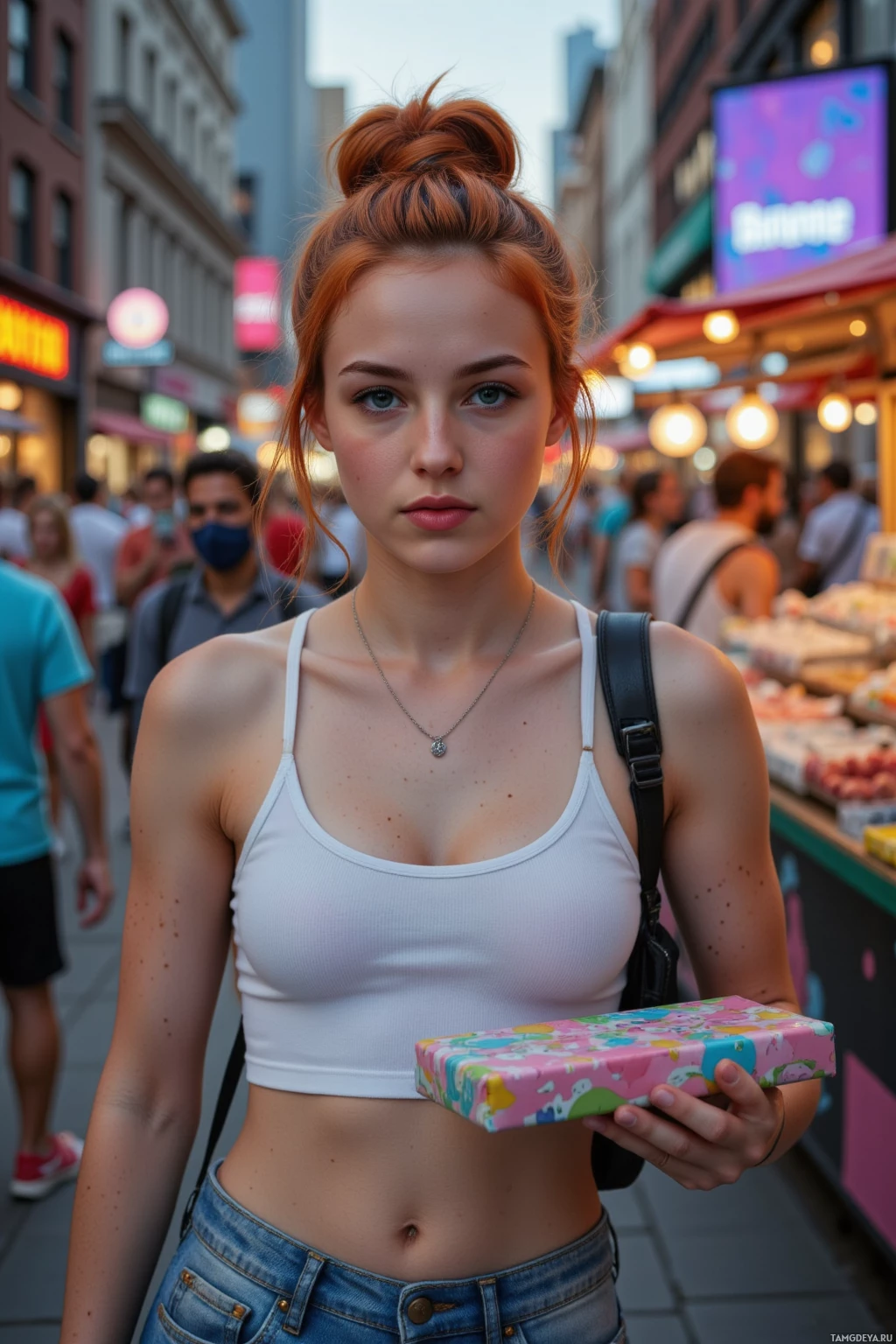 A young woman with red hair in a bun stands on a busy street, holding a colorful gift box.
