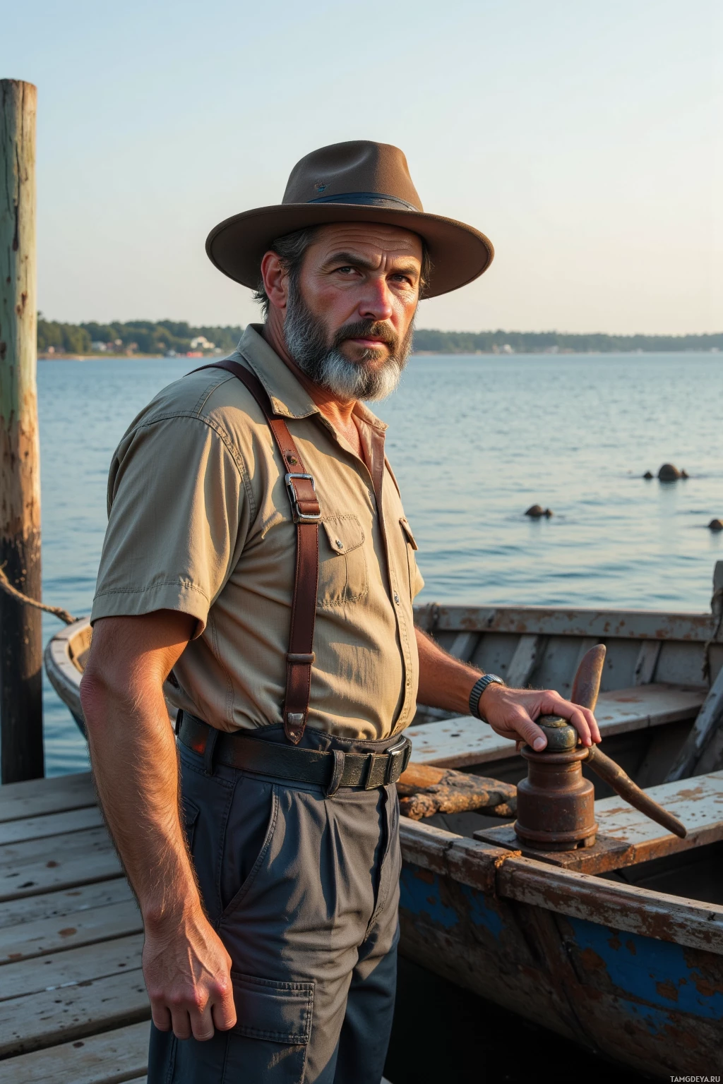 A man in a hat and suspenders stands on a dock by a boat, holding a winch handle.