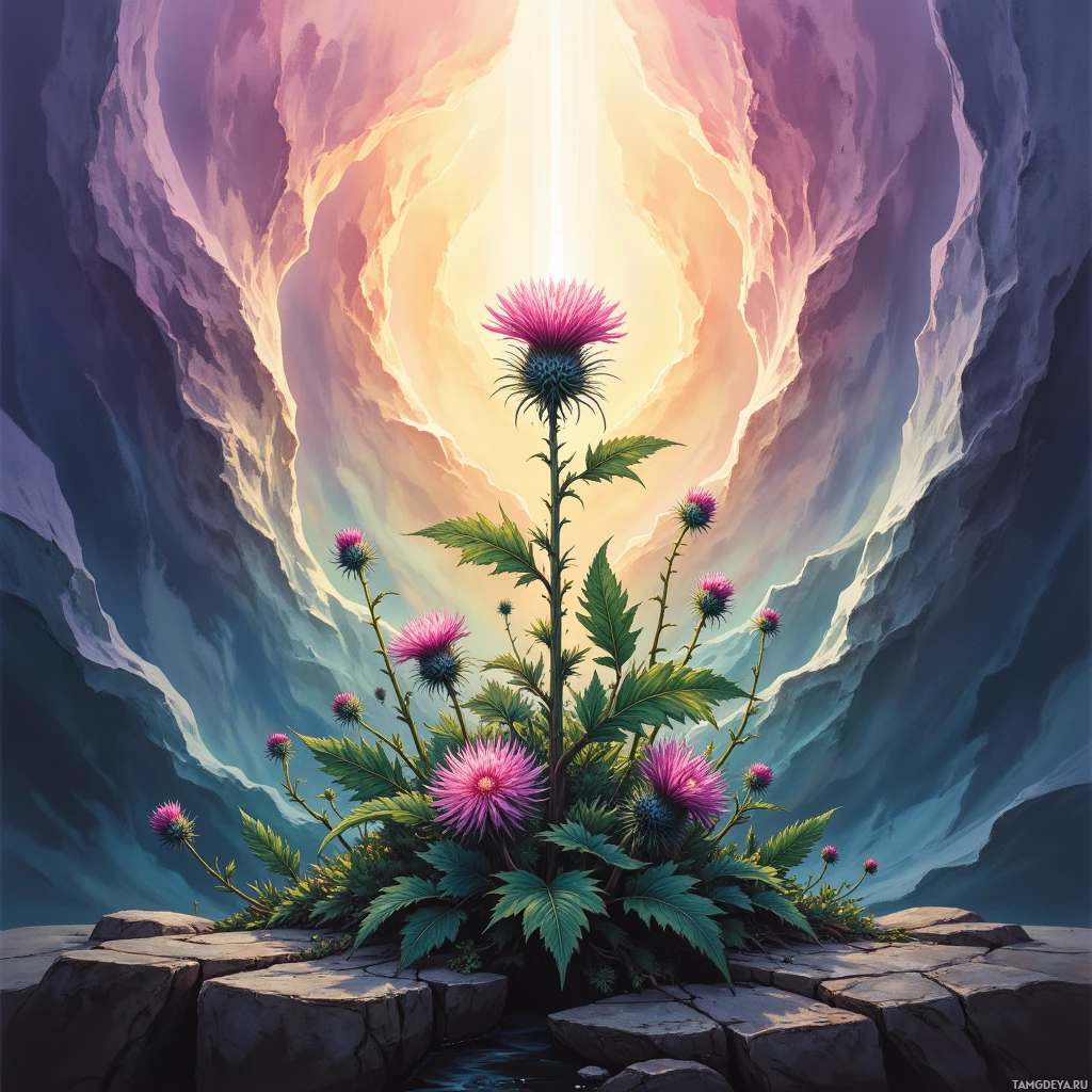 A vibrant thistle plant with pink flowers grows on rocky terrain, set against a backdrop of a glowing, ethereal cave entrance.