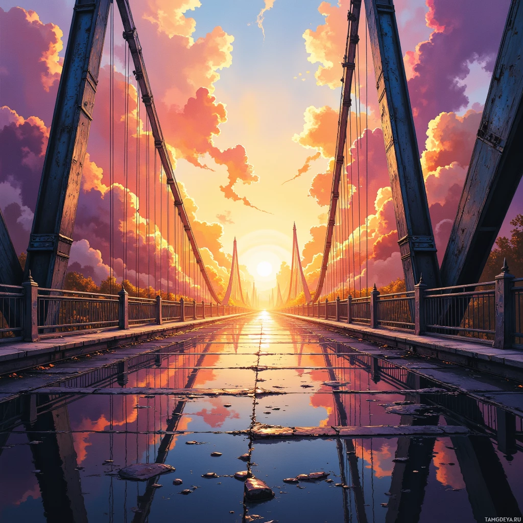 A serene sunset scene featuring a bridge with reflections in the water below.