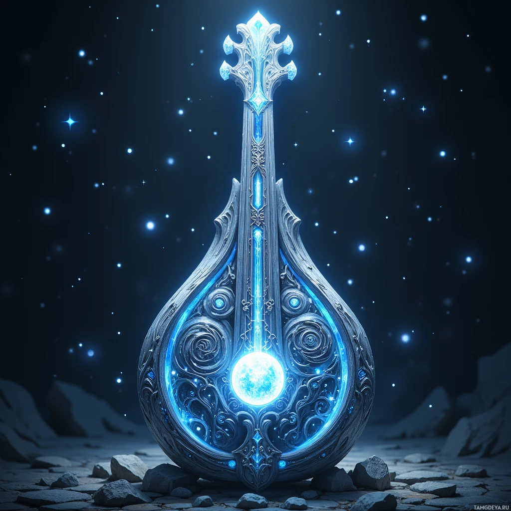 A glowing, ornate object with intricate designs sits on a rocky surface under a starry sky.