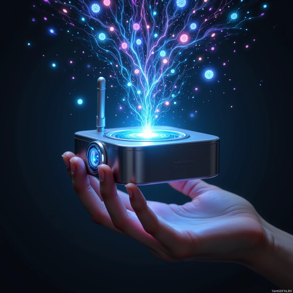 A hand holds a futuristic device emitting glowing, tree-like patterns of light.