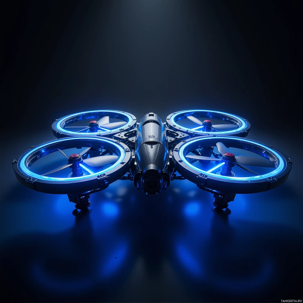 A futuristic drone with glowing blue lights and propellers is shown against a dark background.