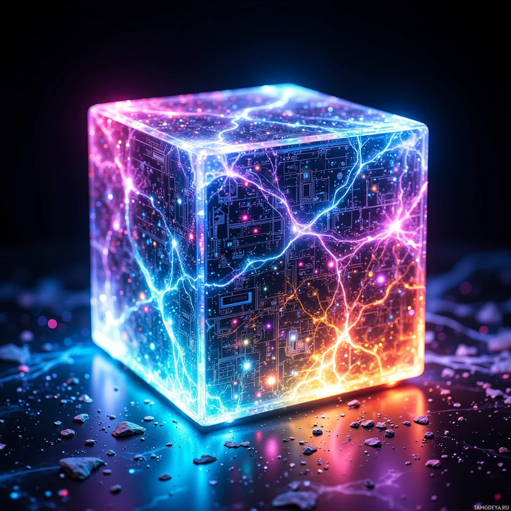A glowing, futuristic cube with intricate circuitry and vibrant light effects.