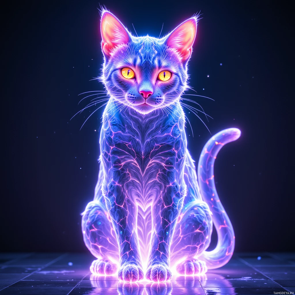 A glowing, neon-colored cat with bright yellow eyes sits against a dark background.