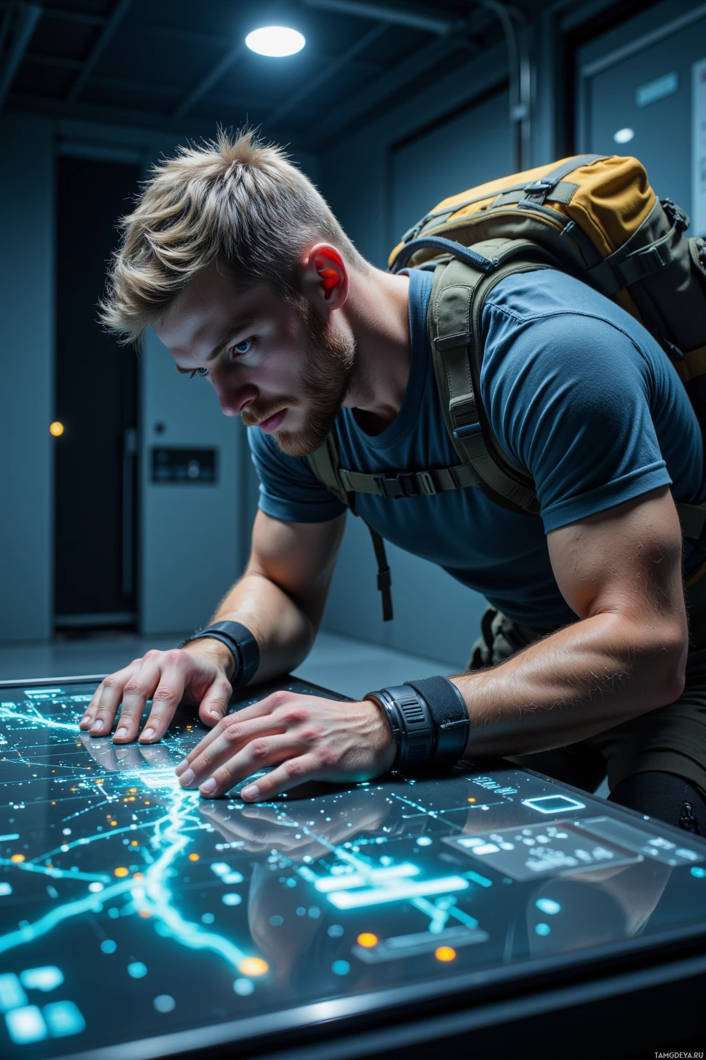 A man leans over a glowing map, wearing a backpack and a wristwatch.