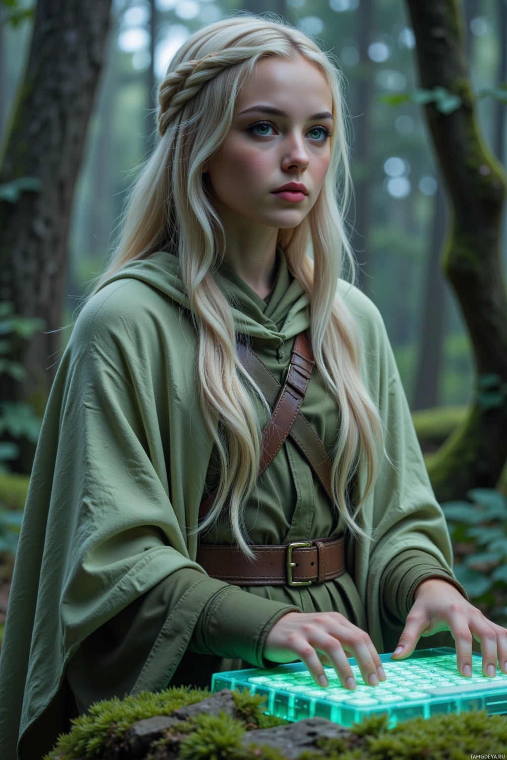 A person in a green robe stands in a forest, typing on a glowing keyboard.