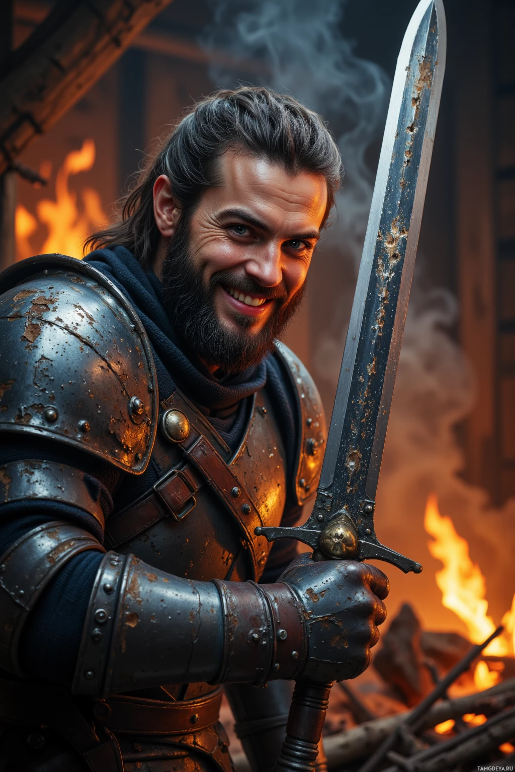 A knight in armor holds a sword, standing amidst a smoky, fiery background.