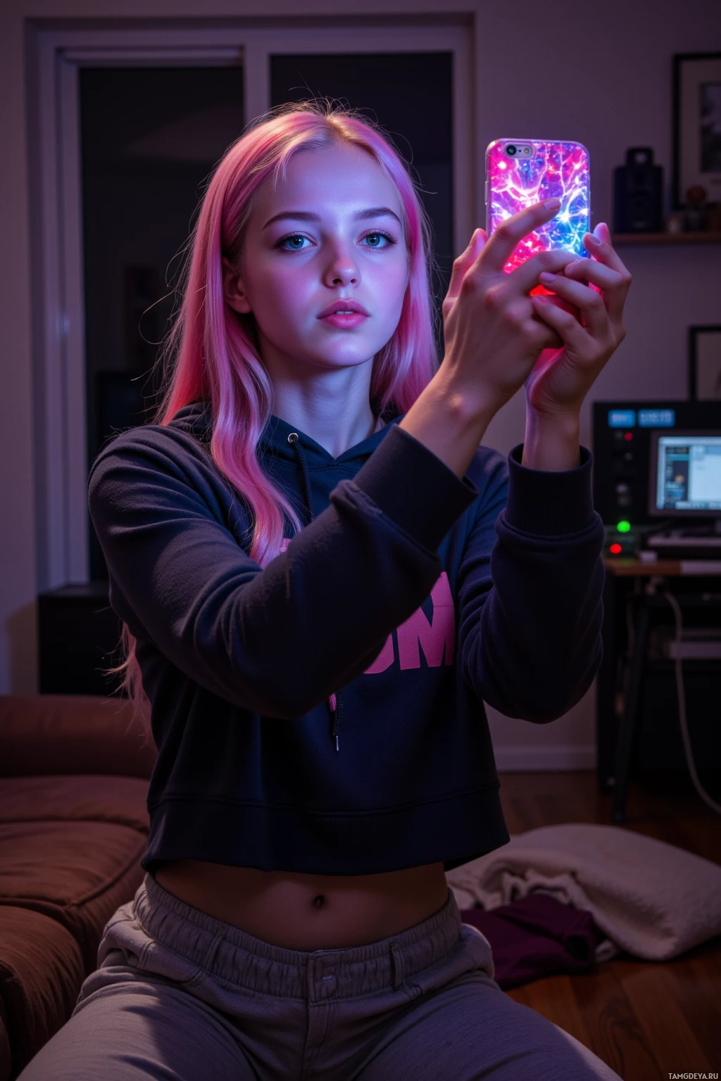 A person with pink hair takes a selfie in a dimly lit room.