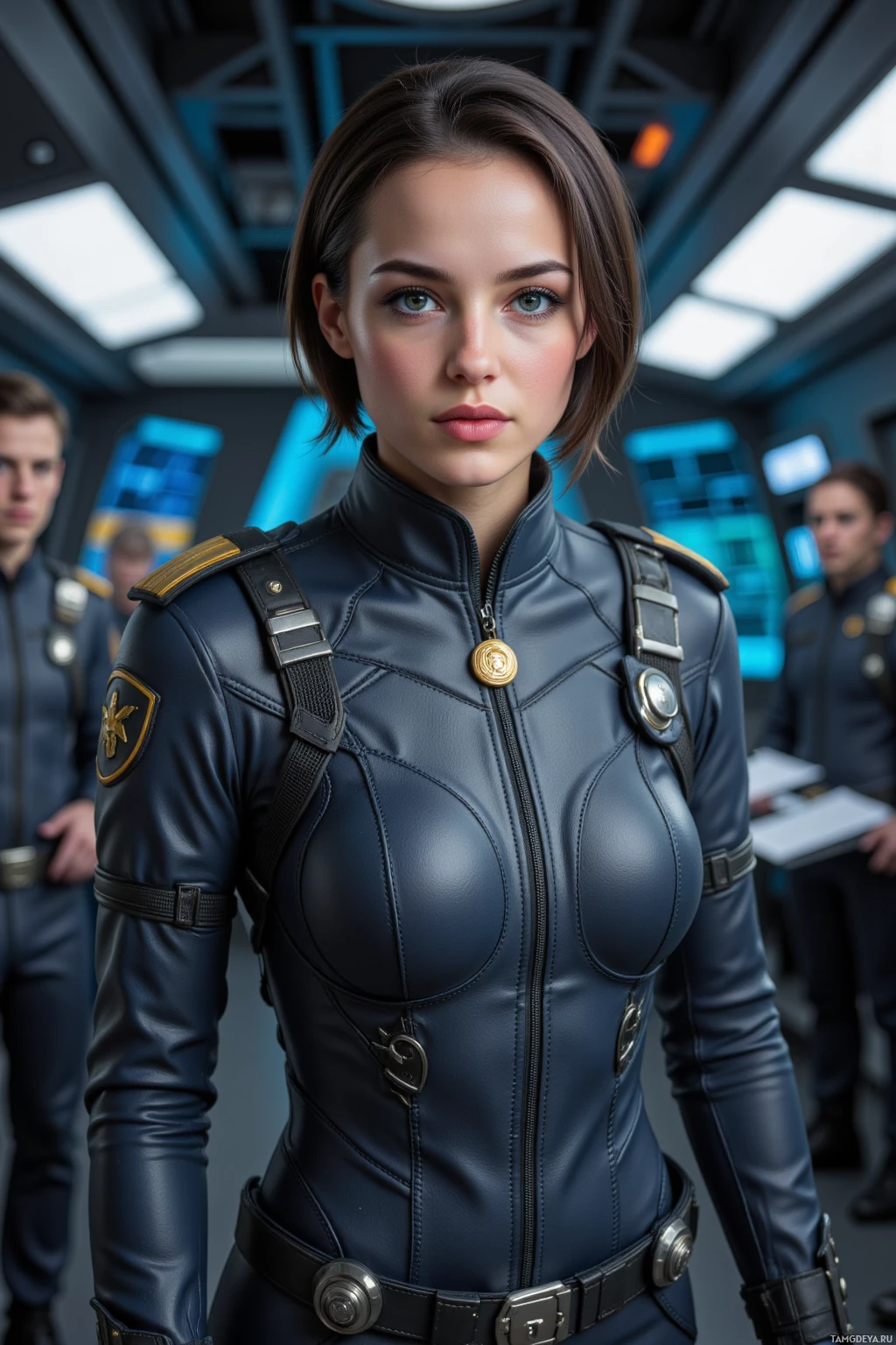 A woman in a futuristic, form-fitting blue uniform stands in a high-tech environment.