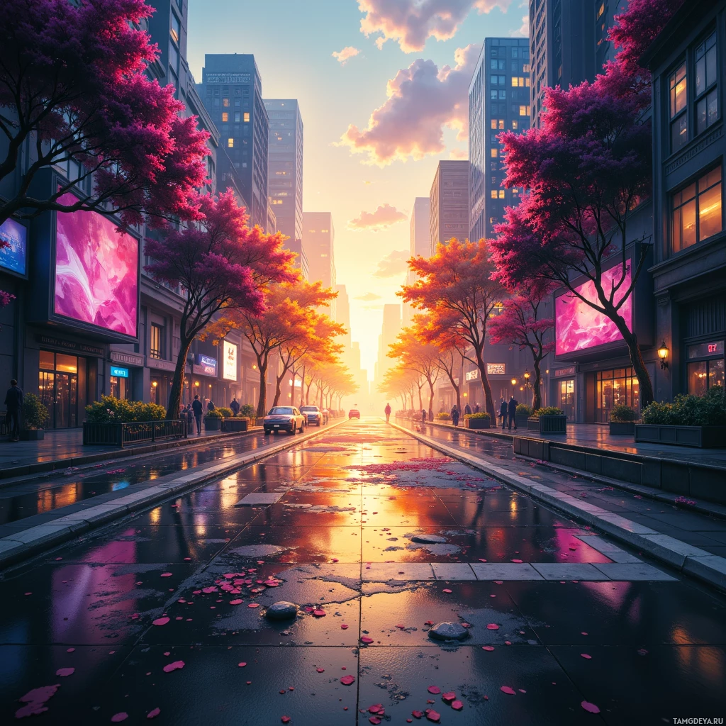 A vibrant city street at sunset with pink trees and wet pavement reflecting the colorful sky.