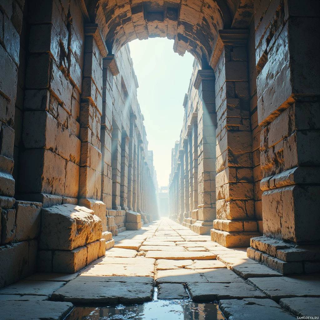 A sunlit corridor with stone walls and a paved floor leads to an open sky.