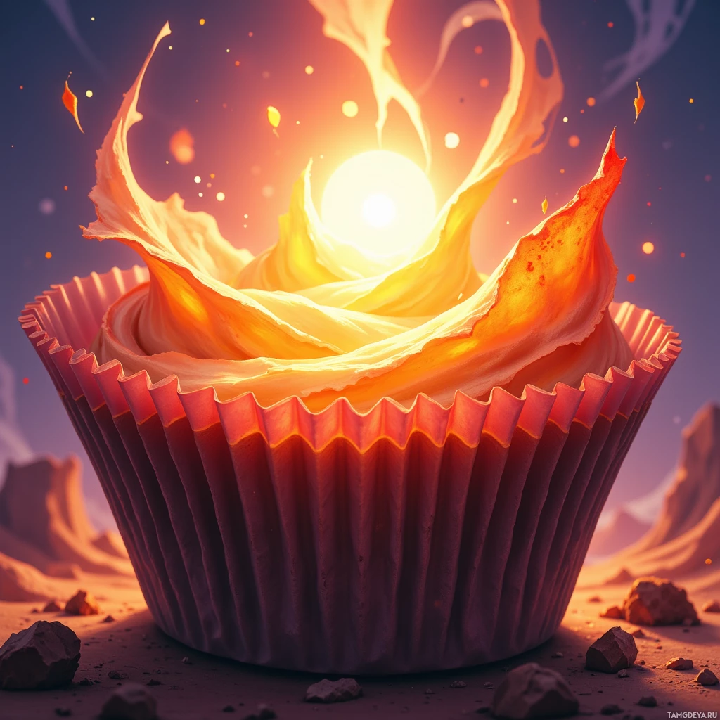 A vibrant, glowing cupcake with a fiery, molten appearance sits in a desert-like environment.
