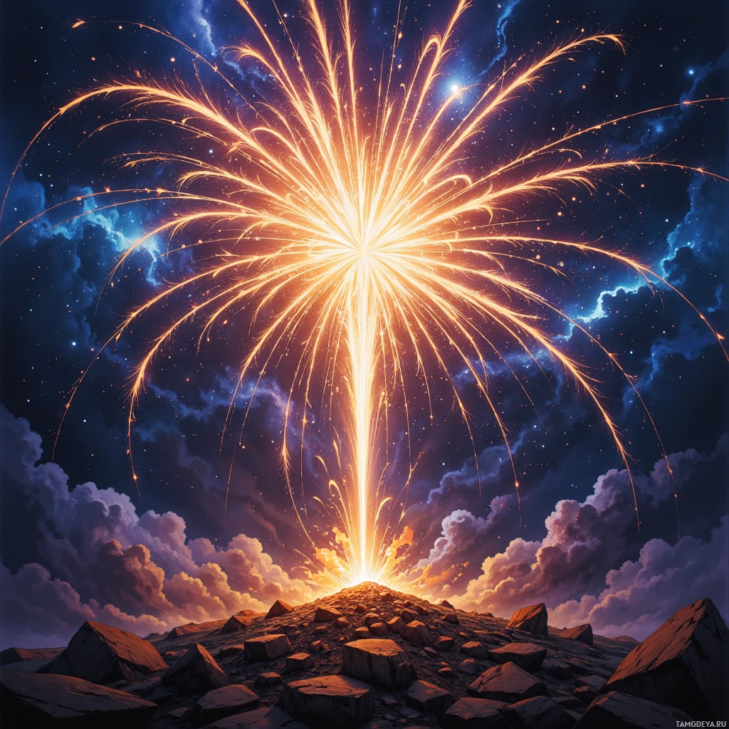 A vibrant explosion of light and sparks radiates outward against a starry night sky.