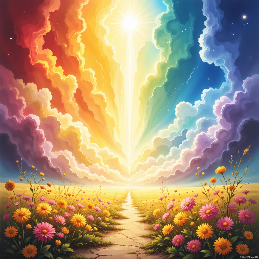A vibrant landscape featuring a rainbow-colored sky, a bright sun, and a path lined with colorful flowers.