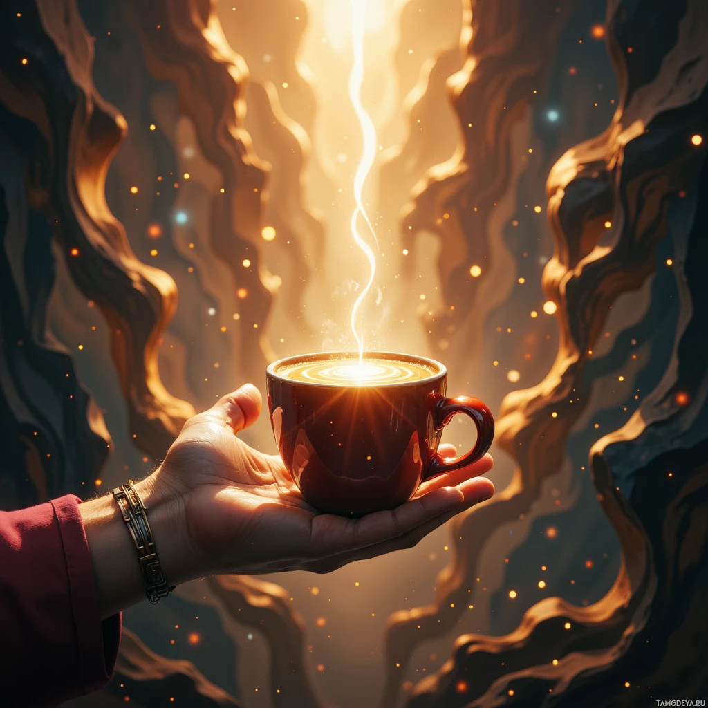 A hand holds a steaming cup of coffee against a swirling, glowing background.