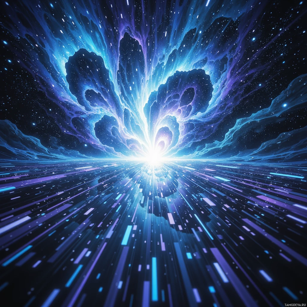 A vibrant cosmic scene with glowing blue and purple nebulae and star trails.