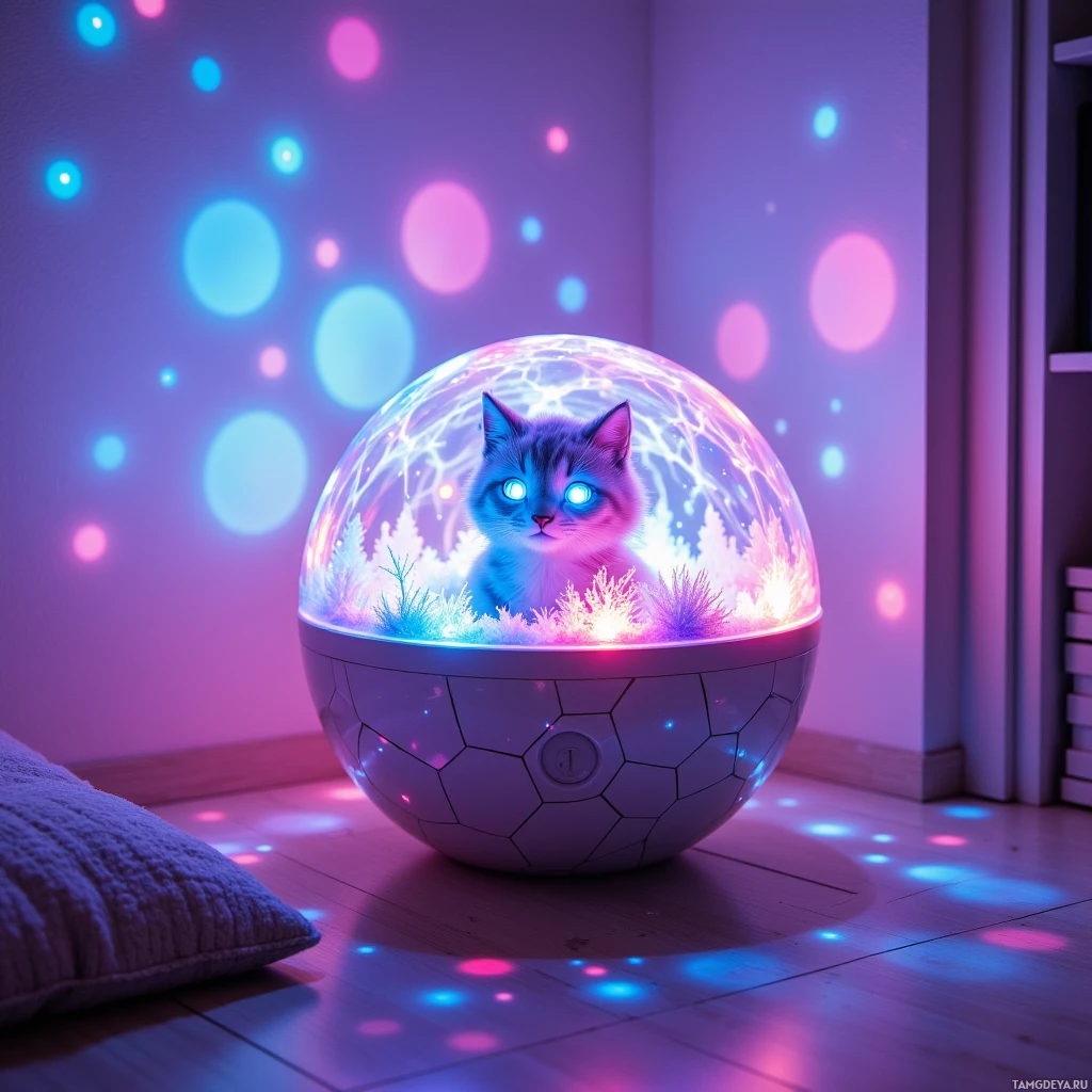 A glowing cat inside a spherical light projector on a wooden floor.